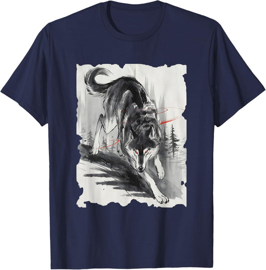 Wolf Sumi-e Graphic - Vintage Japanese Art Wolf Lover T-Shirt - T-Shirt | Navy