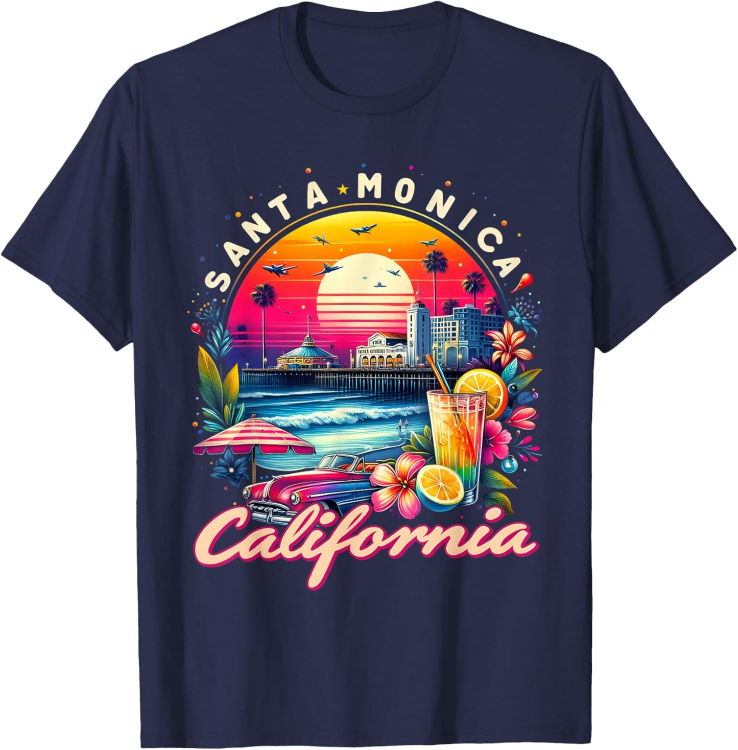 Sunset Vibes Santa Monica Trip Retro Santa Monica California T-Shirt - T-Shirt | Navy