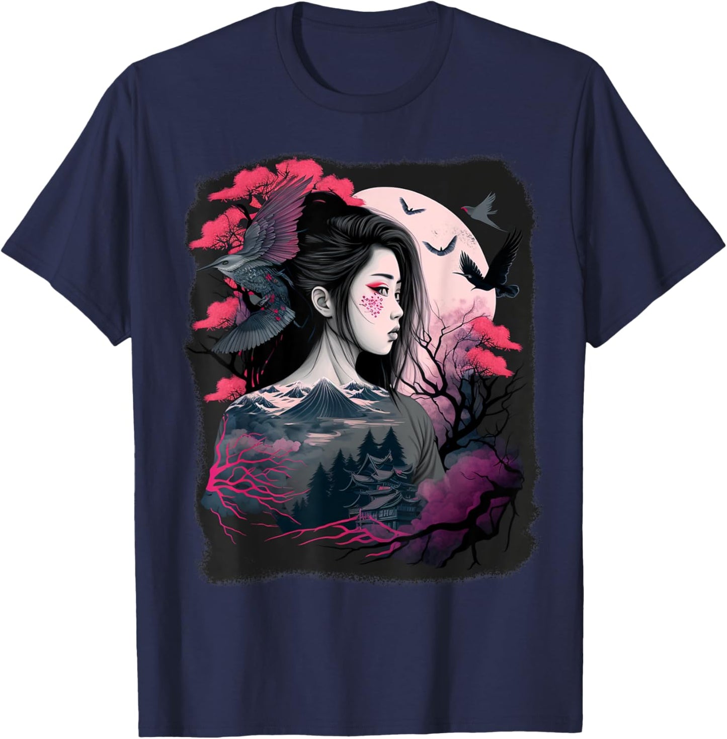 Japanese Samurai Girl Sakura Cherry Blossom Aesthetic Moon T-Shirt - T-Shirt | Navy
