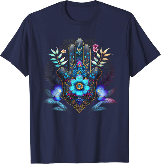 Hamsa, hand, blue, Nazar, flower, eye, charm, vintage, luck T-Shirt - T-Shirt | Navy