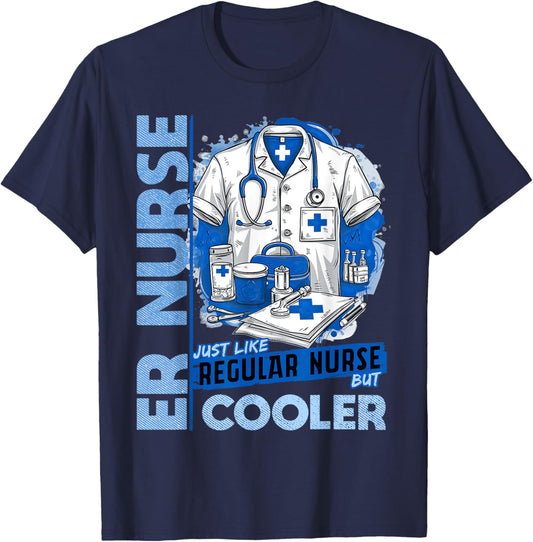 Cool ER Nurse Apparel Healthcare Professionals ER Nurse Black Small Modern Classic U-Neck Short Sleeve Humorous ER Nurse Design T-Shirt - T-Shirt | Navy