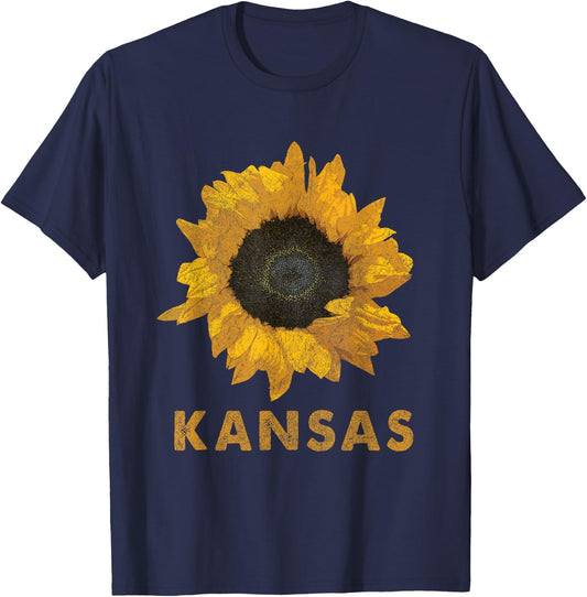 Kansas State Flower / Sunflower Print / Vintage Style T-Shirt - T-Shirt | Navy