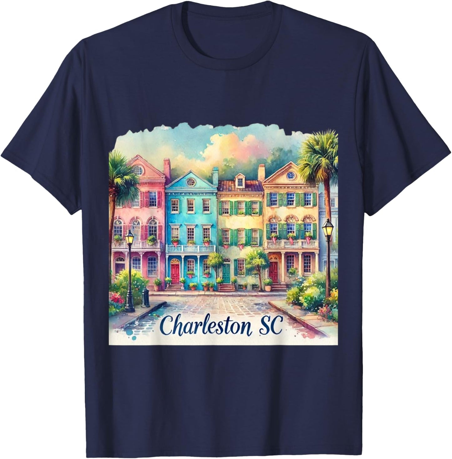 Charleston SC Rainbow Row Colorful Houses T-Shirt - T-Shirt | Navy