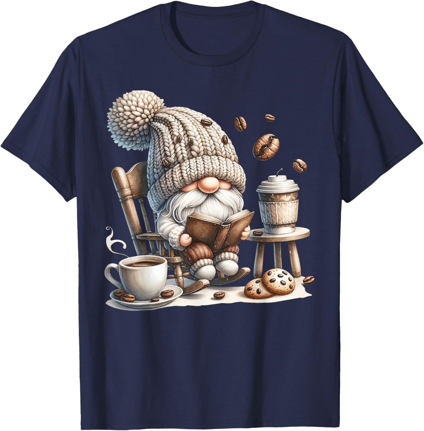 Vintage Cute Gnome Reading Book Coffee Cute Gnome Graphic T-Shirt - T-Shirt | Navy