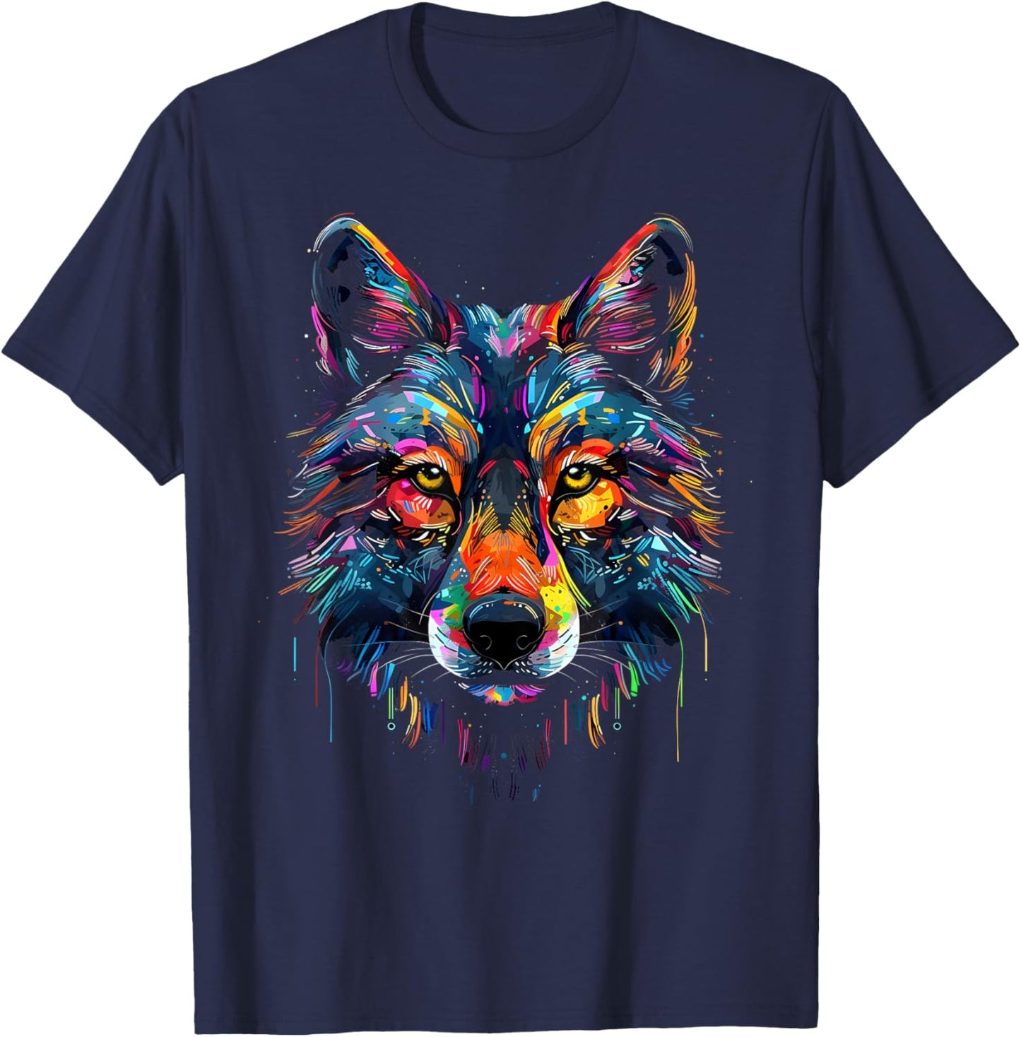 Wolf Face Colorful Majestic Wild Wolves Art Black T-Shirt - T-Shirt | Navy