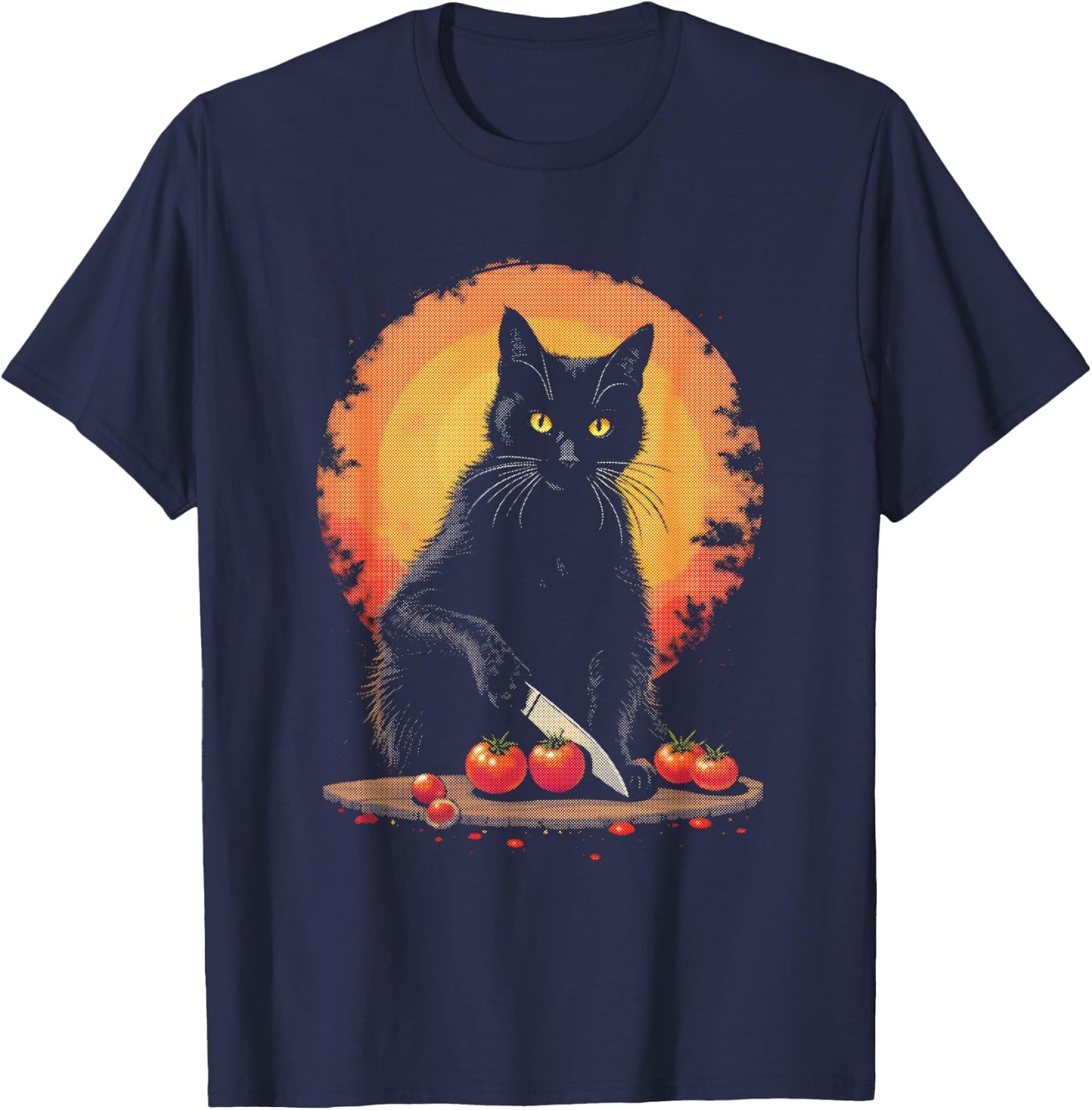 Black Cat Cutting Tomatoes - Funny Chef Cat Lover T-Shirt - T-Shirt | Navy