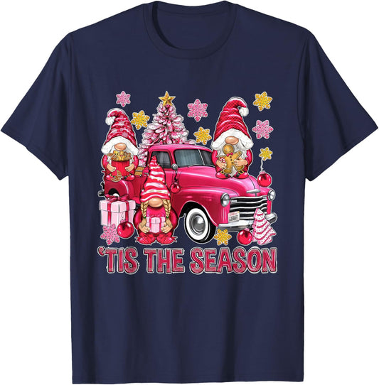 Tis The Season Pink Christmas Gnomes Pink Truck Xmas Holiday T-Shirt - T-Shirt | Navy