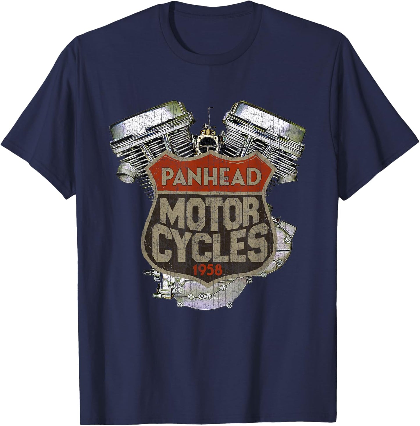 1958 Panhead Motorcycle Vintage Distressed Biker Chopper Rat T-Shirt - T-Shirt | Navy