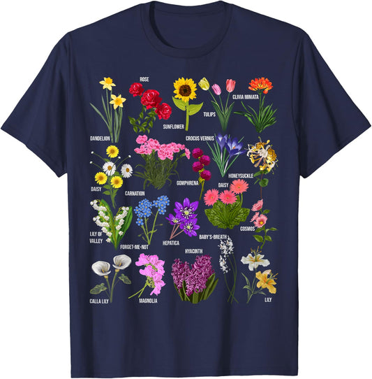 Vintage Flower Botanical Illustration Chart Plant T-Shirt - T-Shirt | Navy
