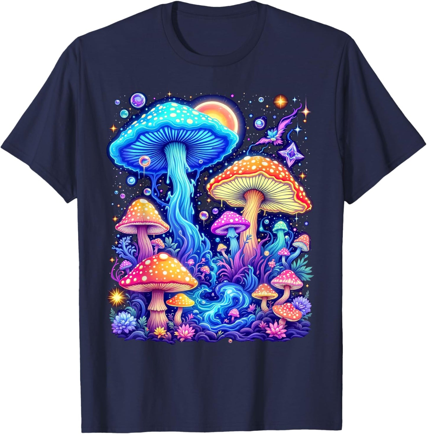 Psychedelic Mushroom , Black, S T-Shirt - T-Shirt | Navy