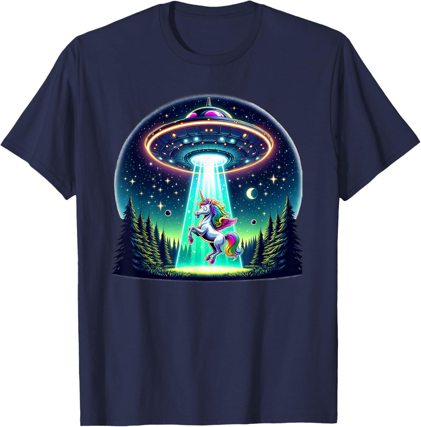 Rainbow Unicorn Abduction Alien Invasion Funny UFO Spaceship T-Shirt - T-Shirt | Navy