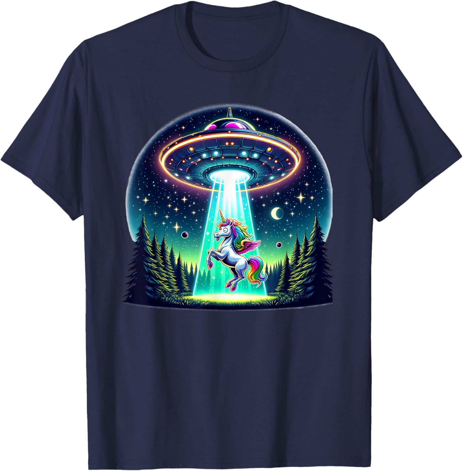 Rainbow Unicorn Abduction Alien Invasion Funny UFO Spaceship T-Shirt - T-Shirt | Navy