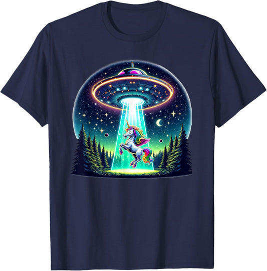 Rainbow Unicorn Abduction Alien Invasion Funny UFO Spaceship T-Shirt - T-Shirt | Navy