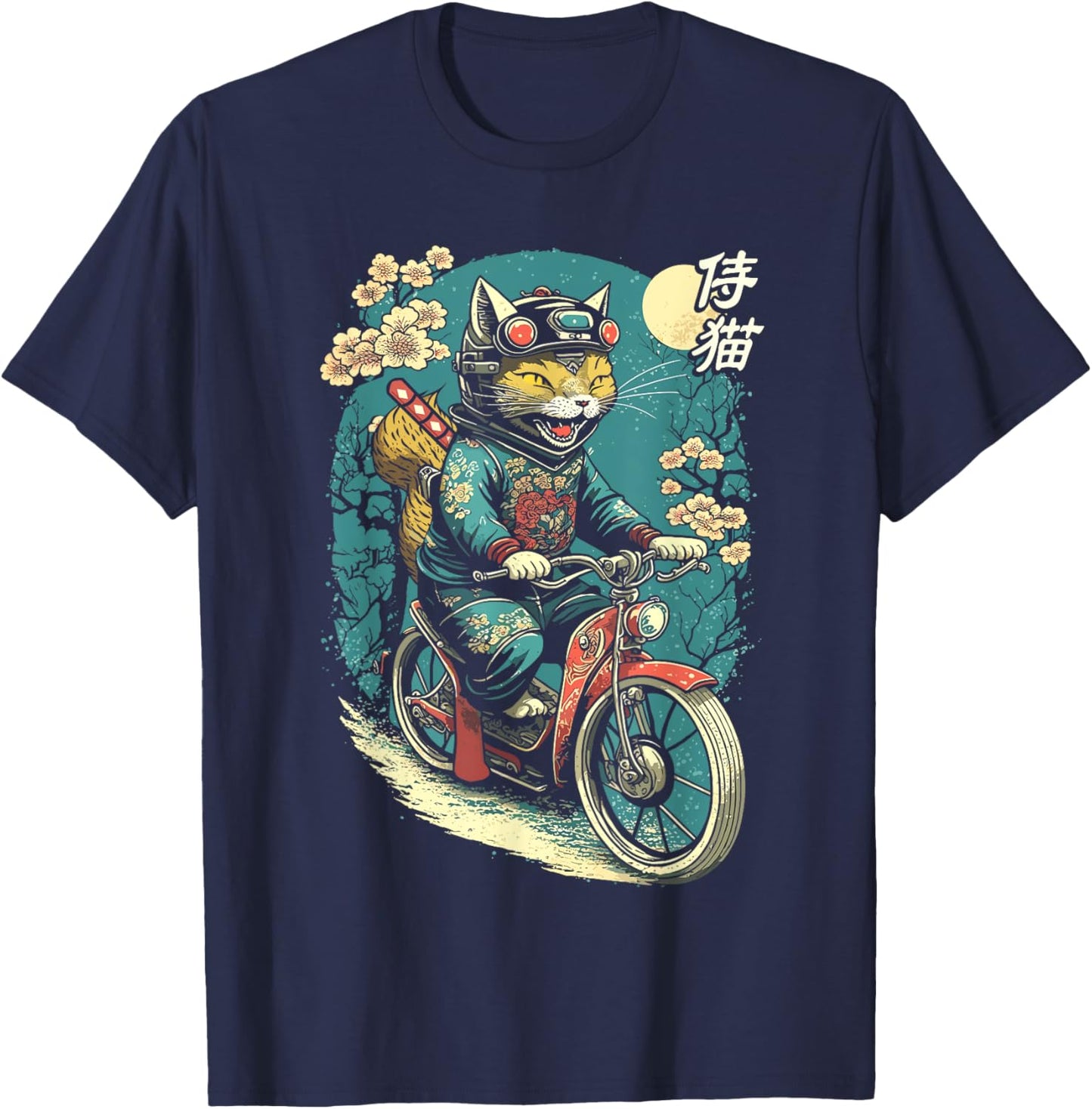 Japanese Samurai Cat on Motorcycle Kawaii Ninja Cat Men Women Kids T-Shirt - T-Shirt | Navy