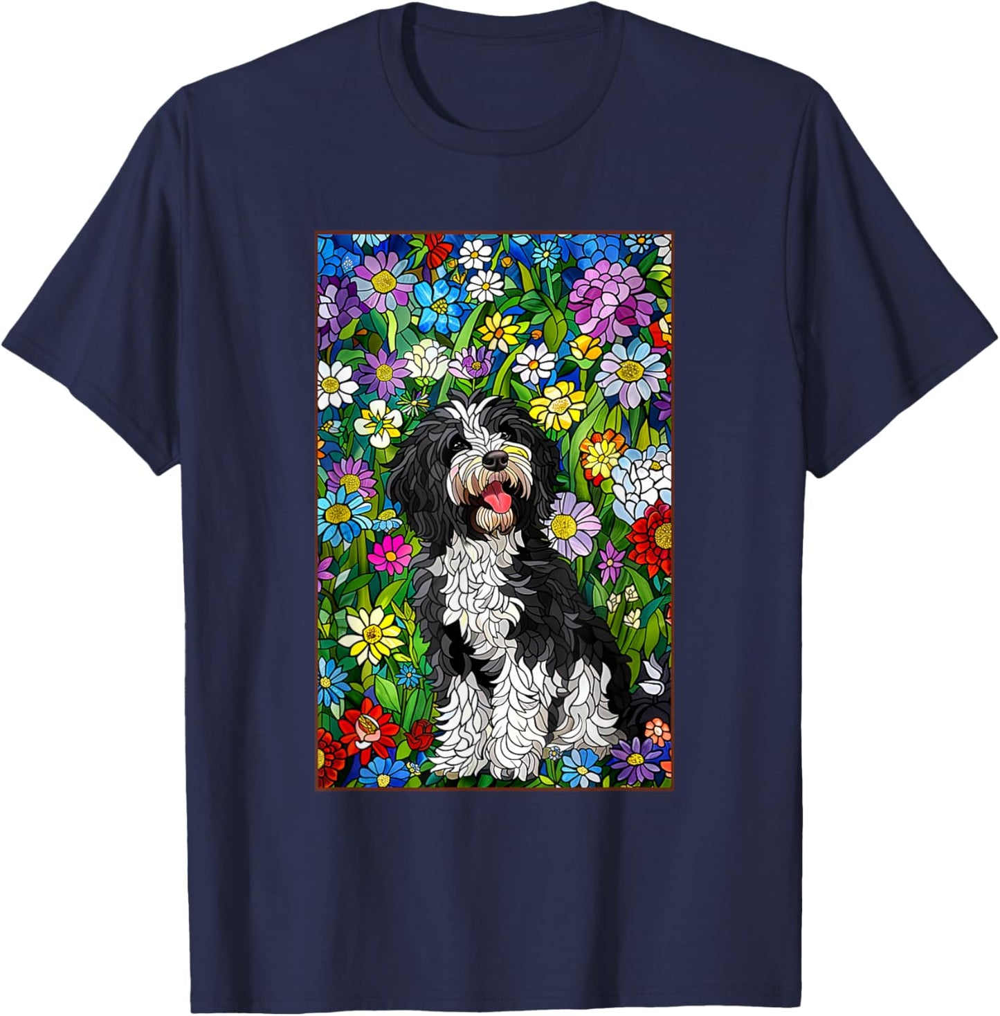 Bordoodle Dog Stained Glass Leadlight Artistic Design Men Women Kids T-Shirt - T-Shirt | Navy