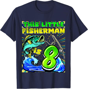 Kids Fishing Birthday Shirt 8 Year Old Boy Fisher 8th Bday Kids T-Shirt - T-Shirt | Navy
