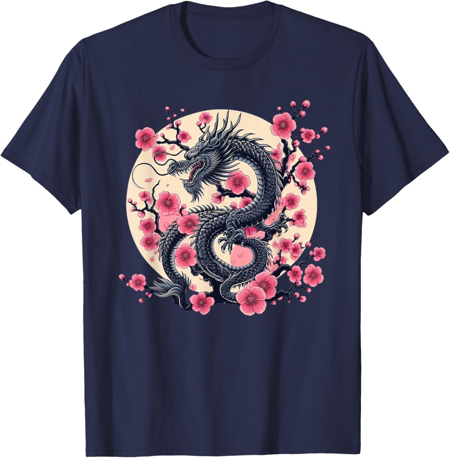 Vintage Chinese Dragon Asian Art Cherry Blossom Pink Flower T-Shirt - T-Shirt | Navy