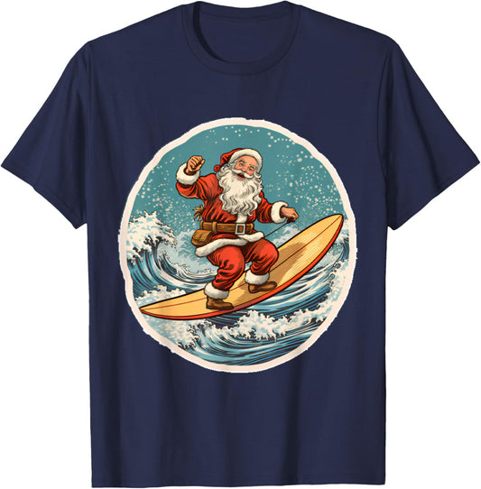Surfing Santa on Surfboard Christmas in July Summer Surf T-Shirt - T-Shirt | Navy