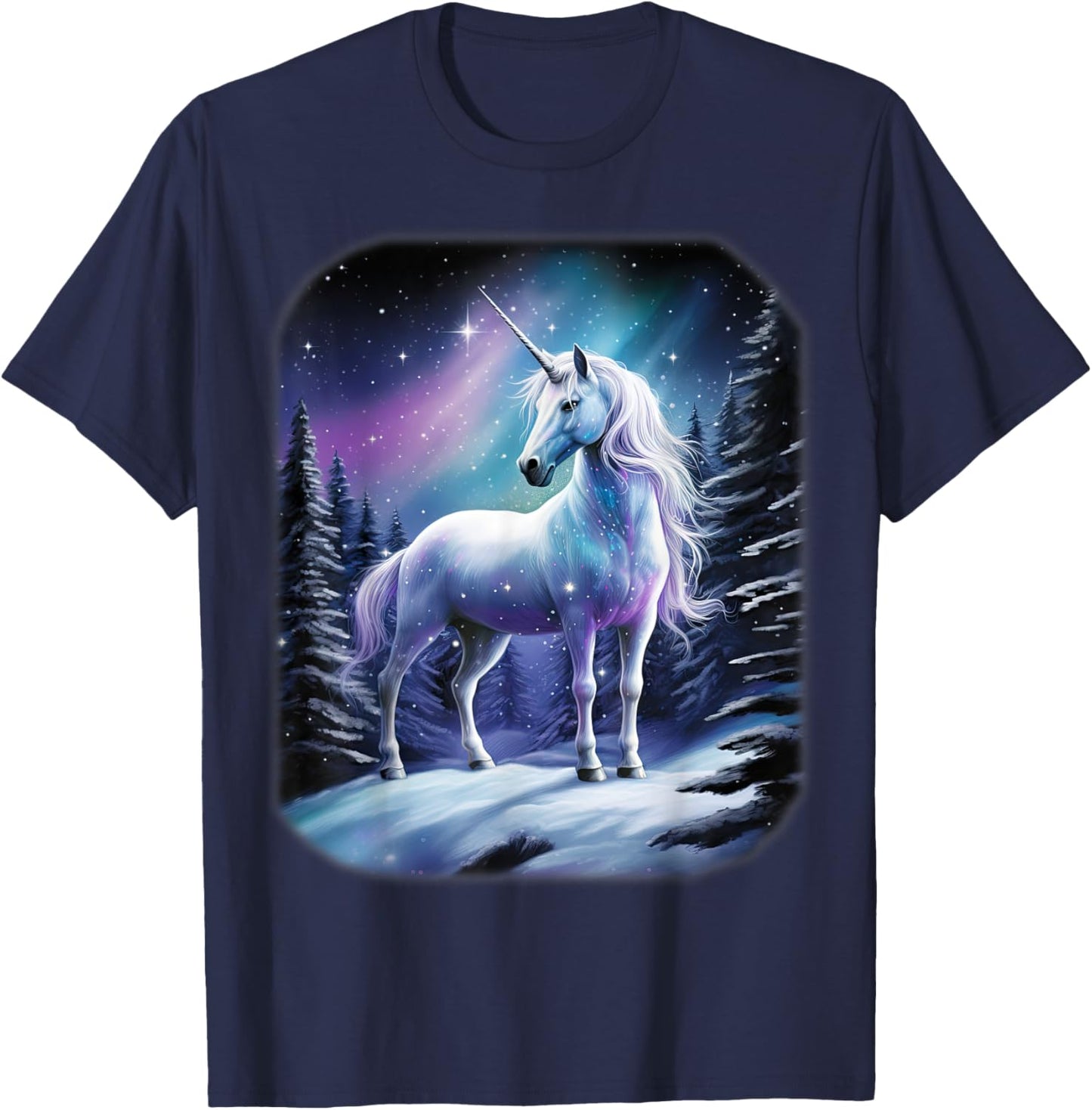 Fantasy white Unicorn standing in the snowy forest T-Shirt - T-Shirt | Navy