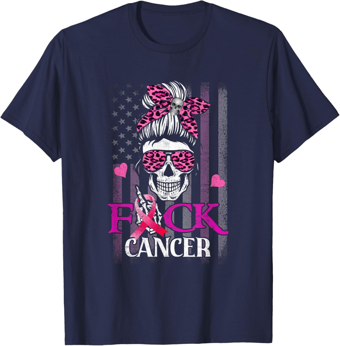 Messy Bun Skull Breast Cancer Awareness Fuck-Cancer USA Flag T-Shirt - T-Shirt | Navy