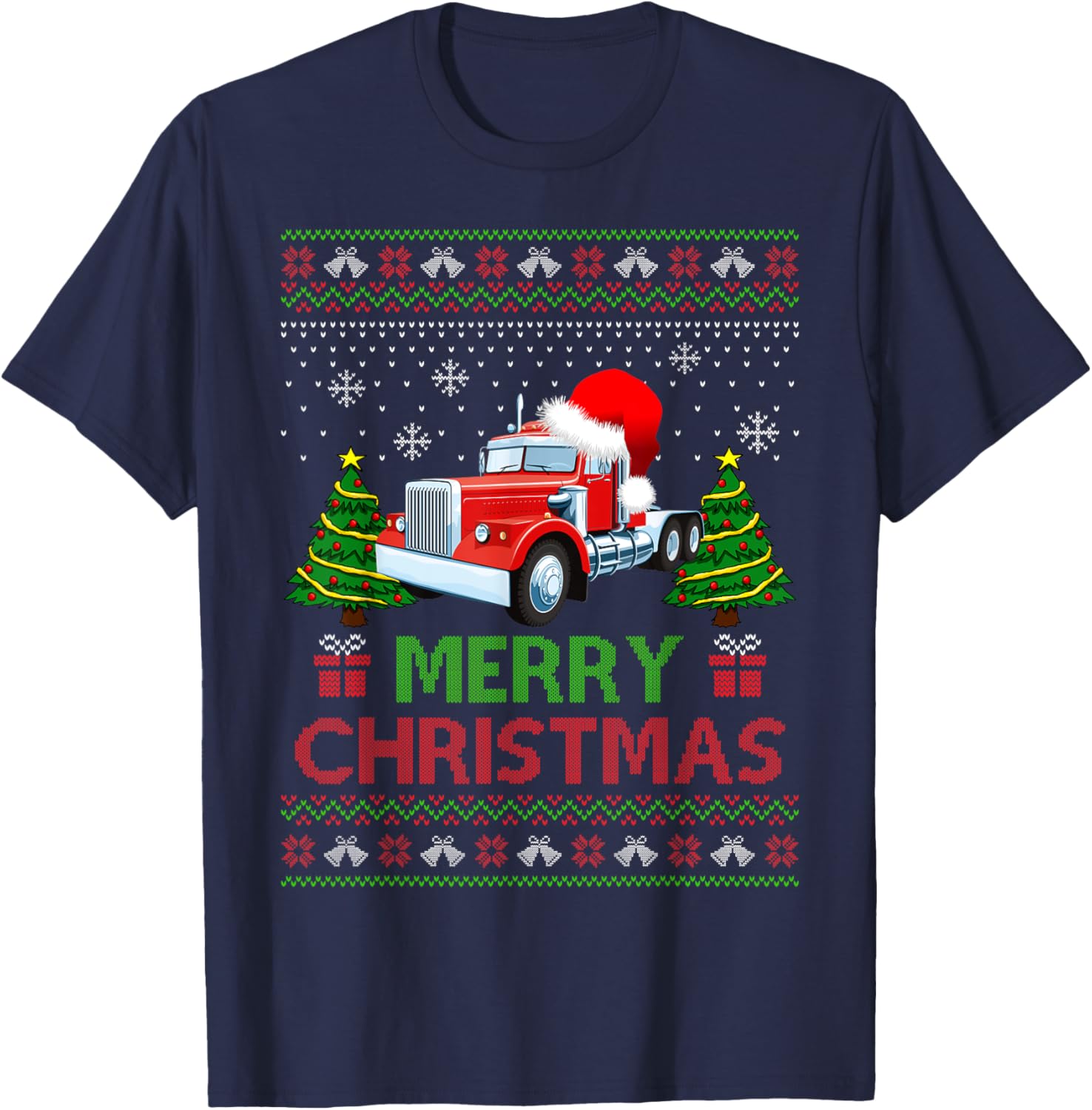 Merry Christmas Red Semi Truck Santa Hat Ugly Xmas Men Boys T-Shirt - T-Shirt | Navy