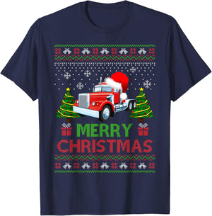 Merry Christmas Red Semi Truck Santa Hat Ugly Xmas Men Boys T-Shirt - T-Shirt | Navy