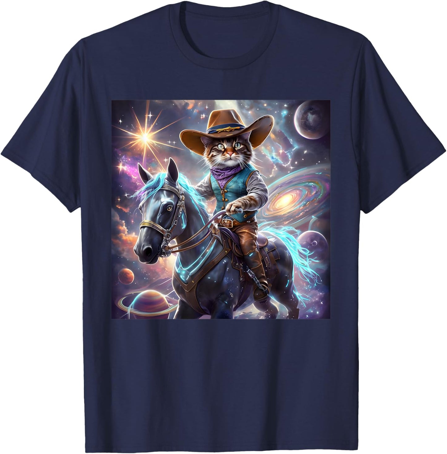 Cat Cowboy Rainbow Galaxy Kitten Riding Horse Cowboy Hat T-Shirt - T-Shirt | Navy