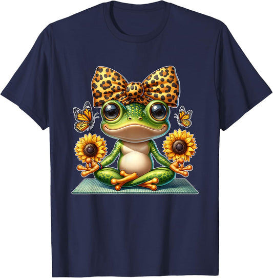 Cute Frog Yoga with Sunflowers and Butterflies T-Shirt - T-Shirt | Navy