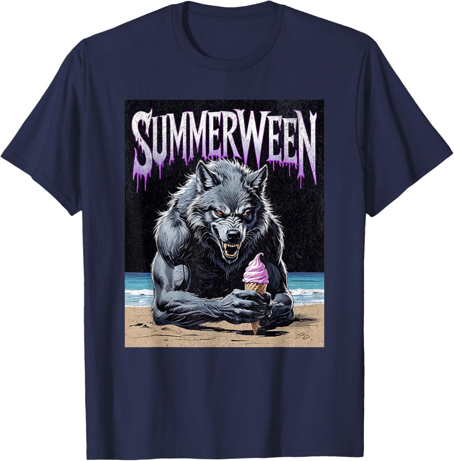 Summerween Werewolf Ice Cream Gothic Halloween Beach T-Shirt - T-Shirt | Navy