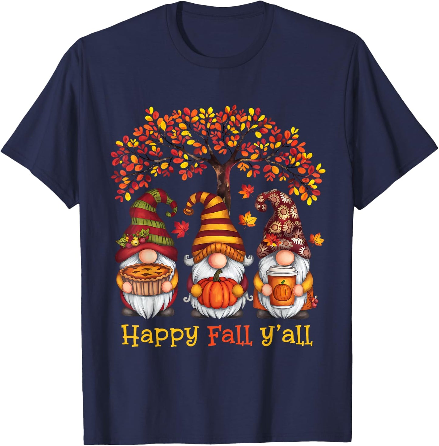 Happy Fall Autumn Leaves Pumpkin Garden Gnomes T-Shirt - T-Shirt | Navy
