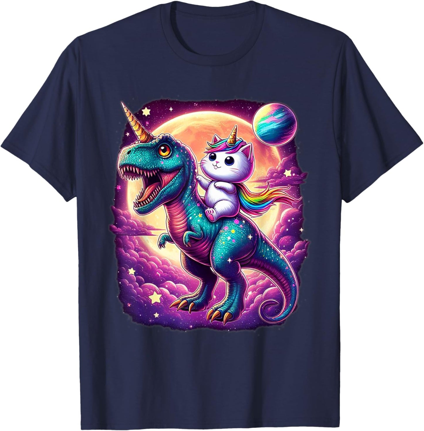 Cat Unicorn Riding Dinosaur T rex Kitten Lover Space Galaxy T-Shirt - T-Shirt | Navy