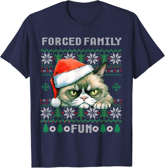 Forced Family Xmas Fun Funny Cat Lover Men Women Christmas T-Shirt - T-Shirt | Navy