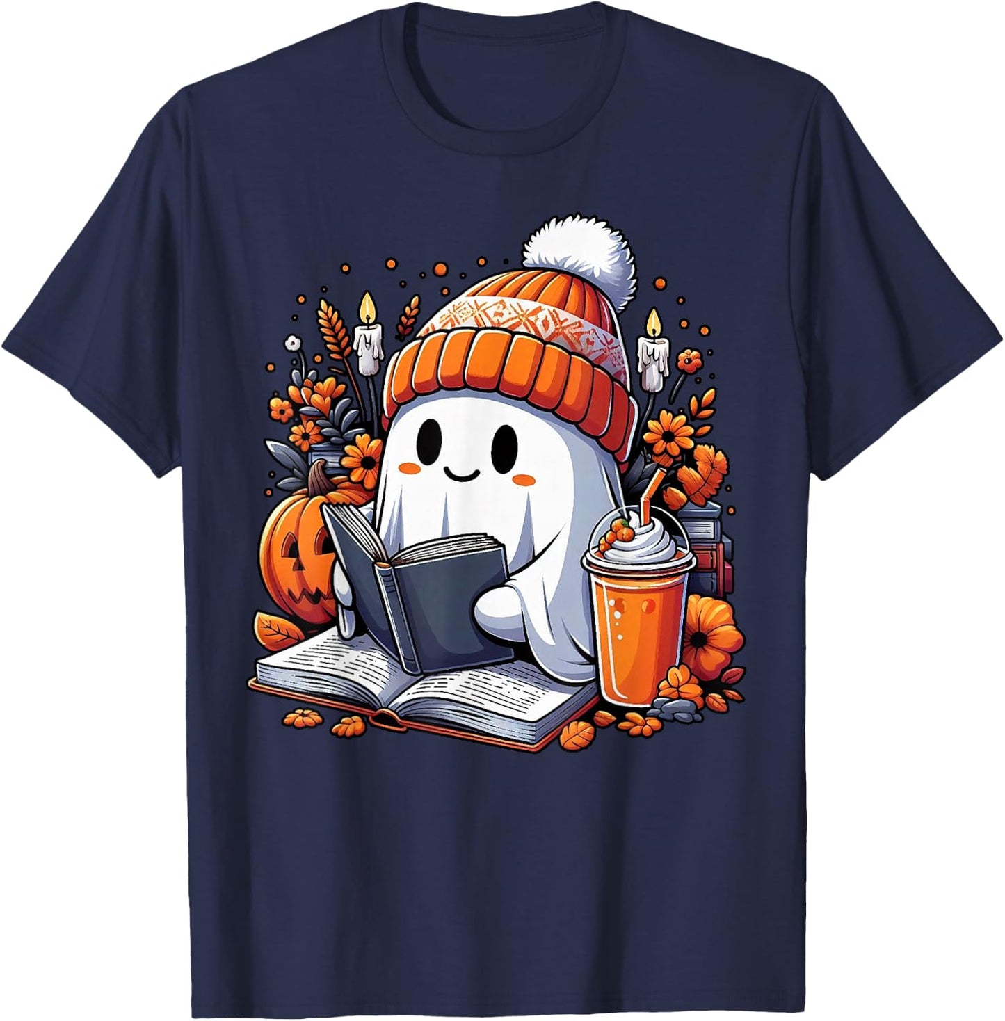 Ghost Drinking Coffee Book Reading Halloween Pumpkin Flower T-Shirt - T-Shirt | Navy
