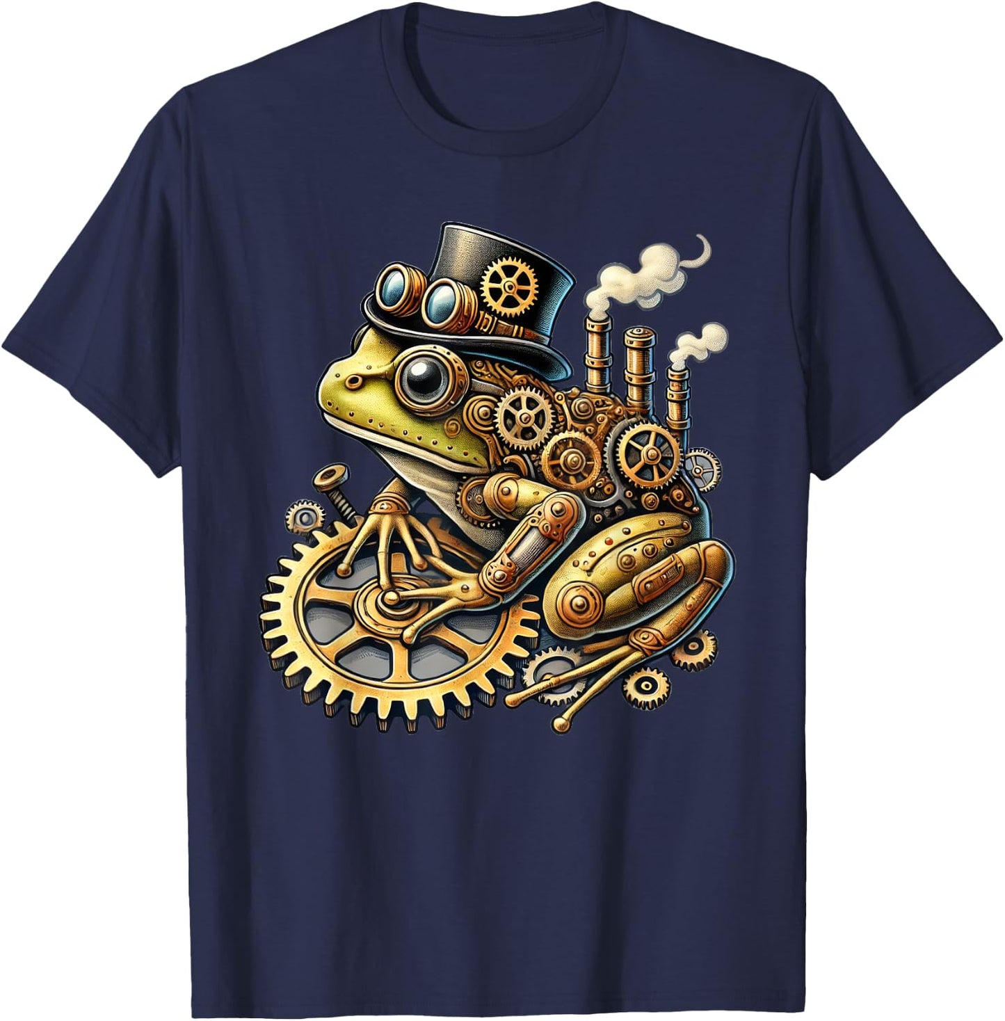 Steampunk Frog Fantasy Apparel Steampunk Frog Art - -Adults & Kids - Black - Small - Short Sleeve - Cotton Blend - Machine Wash T-Shirt - T-Shirt | Navy