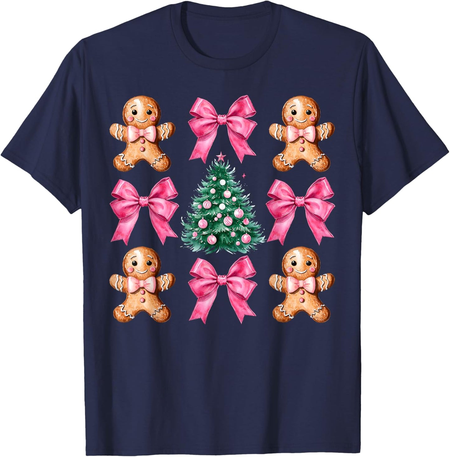 Cute Coquette Pink Bow Xmas Gingerbread Man Christmas Tree T-Shirt - T-Shirt | Navy