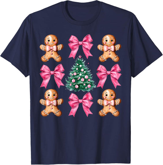 Cute Coquette Pink Bow Xmas Gingerbread Man Christmas Tree T-Shirt - T-Shirt | Navy
