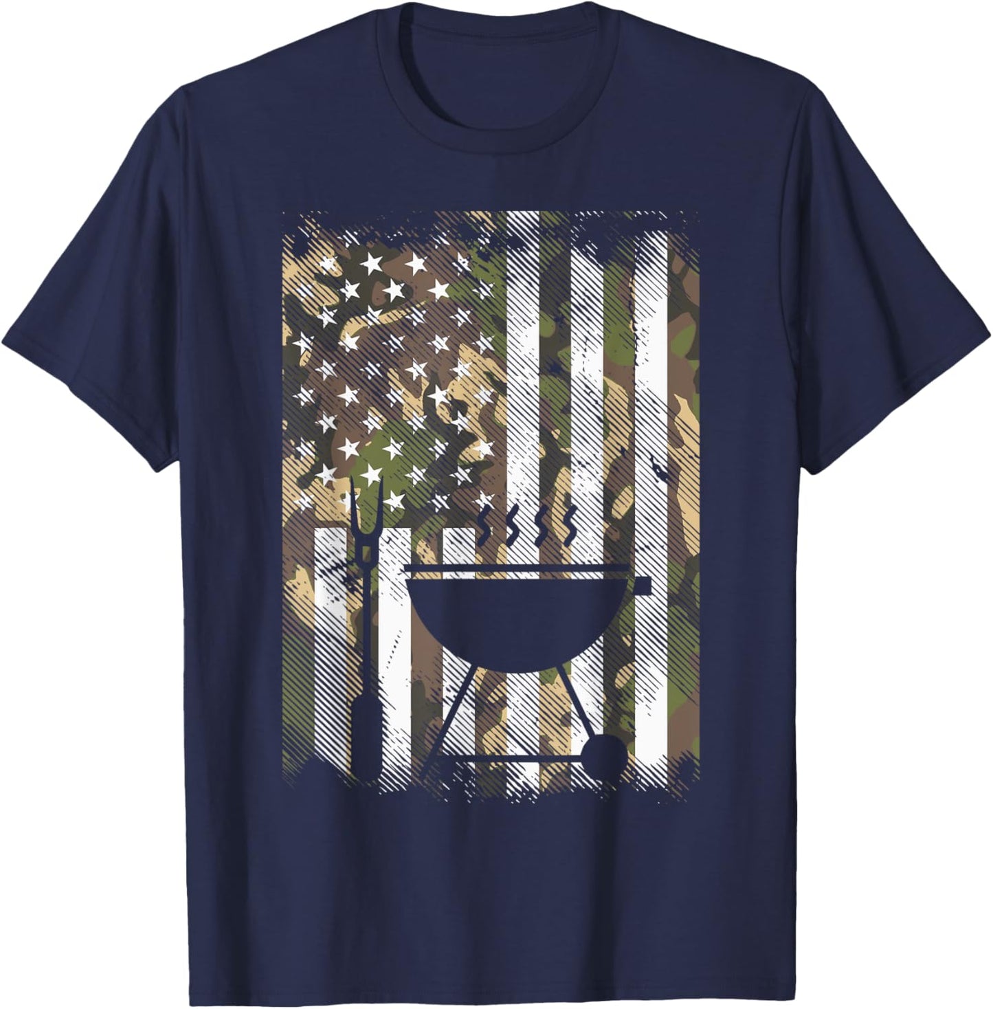 Camo US Flag Bbq Grill Vintage Grilling Smoking Patriotic T-Shirt - T-Shirt | Navy