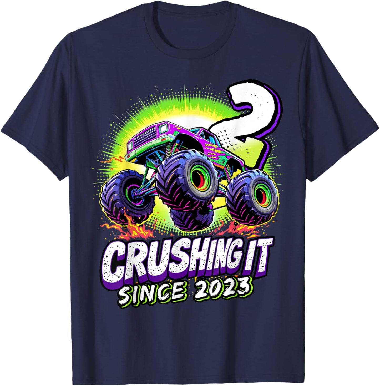 Birthday Monster Truck 2 Year Old Boys 2nd Party Born 2023 T-Shirt - T-Shirt | Navy