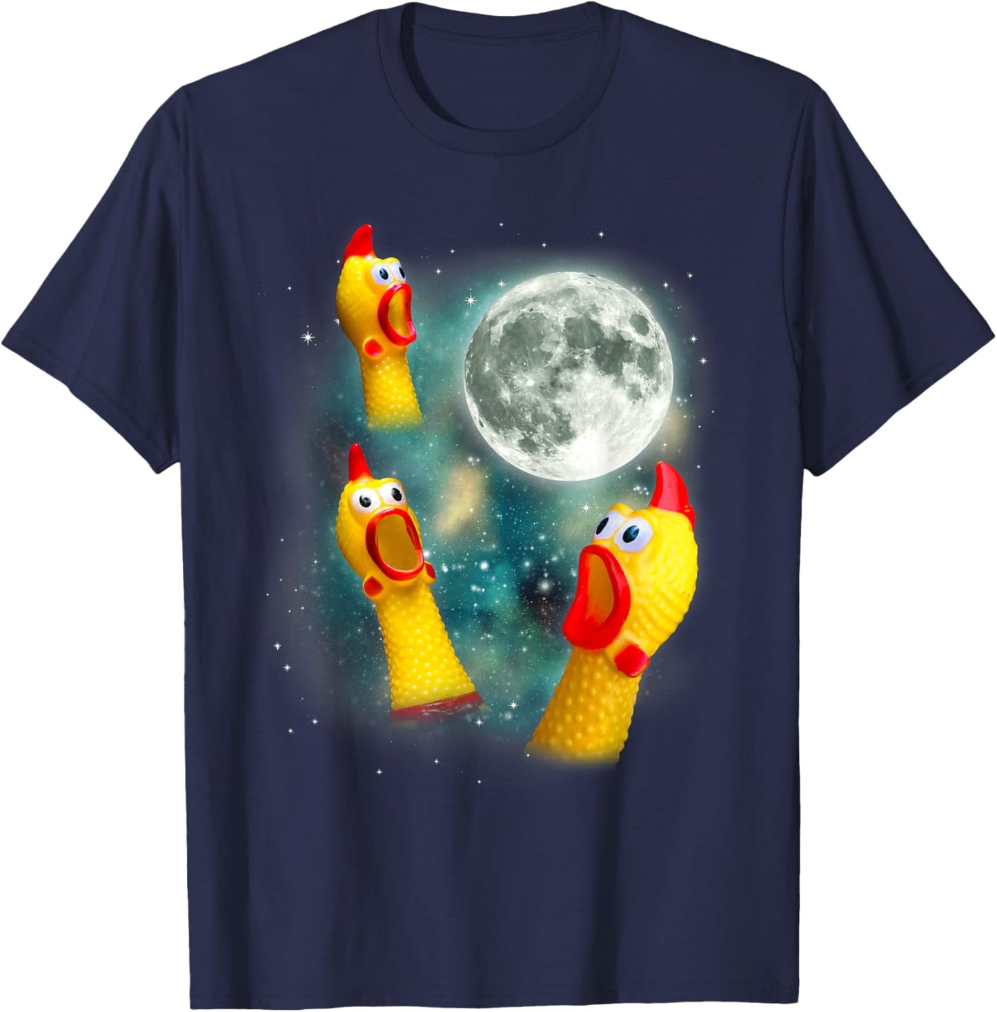 Three Rubber Chicken Moon Funny Screaming Fowl Cursed Joke T-Shirt - T-Shirt | Navy
