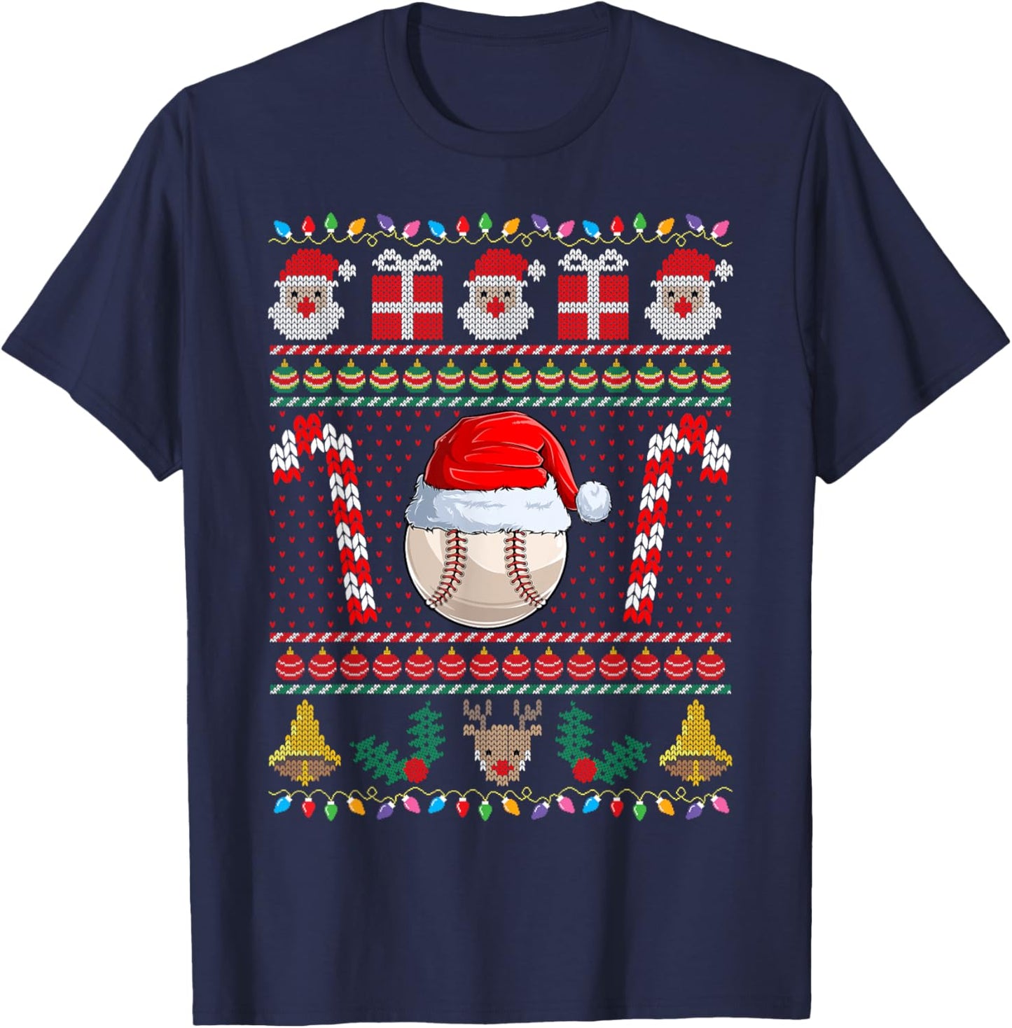 Baseball Christmas Santa Ugly Sweater Holiday Pajama T-Shirt - T-Shirt | Navy
