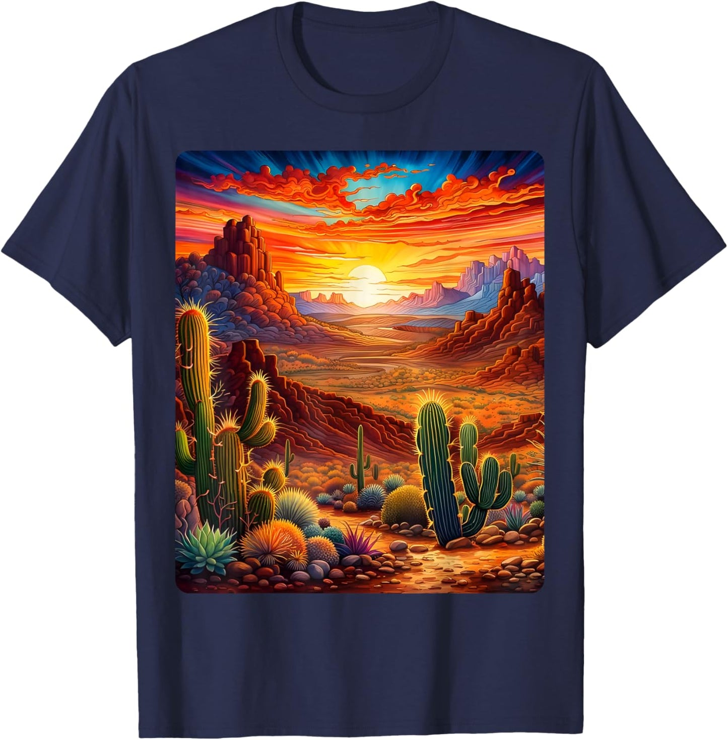 Valley Desert Sunset Sunrise Cactus Mountains Nature Clouds T-Shirt - T-Shirt | Navy
