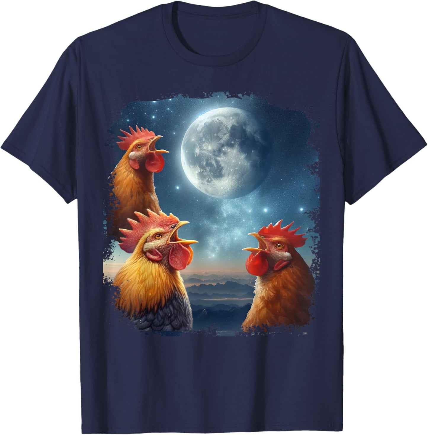 3 Chicken Moon, Funny 3 Chicken Howling Like Wolves T-Shirt - T-Shirt | Navy