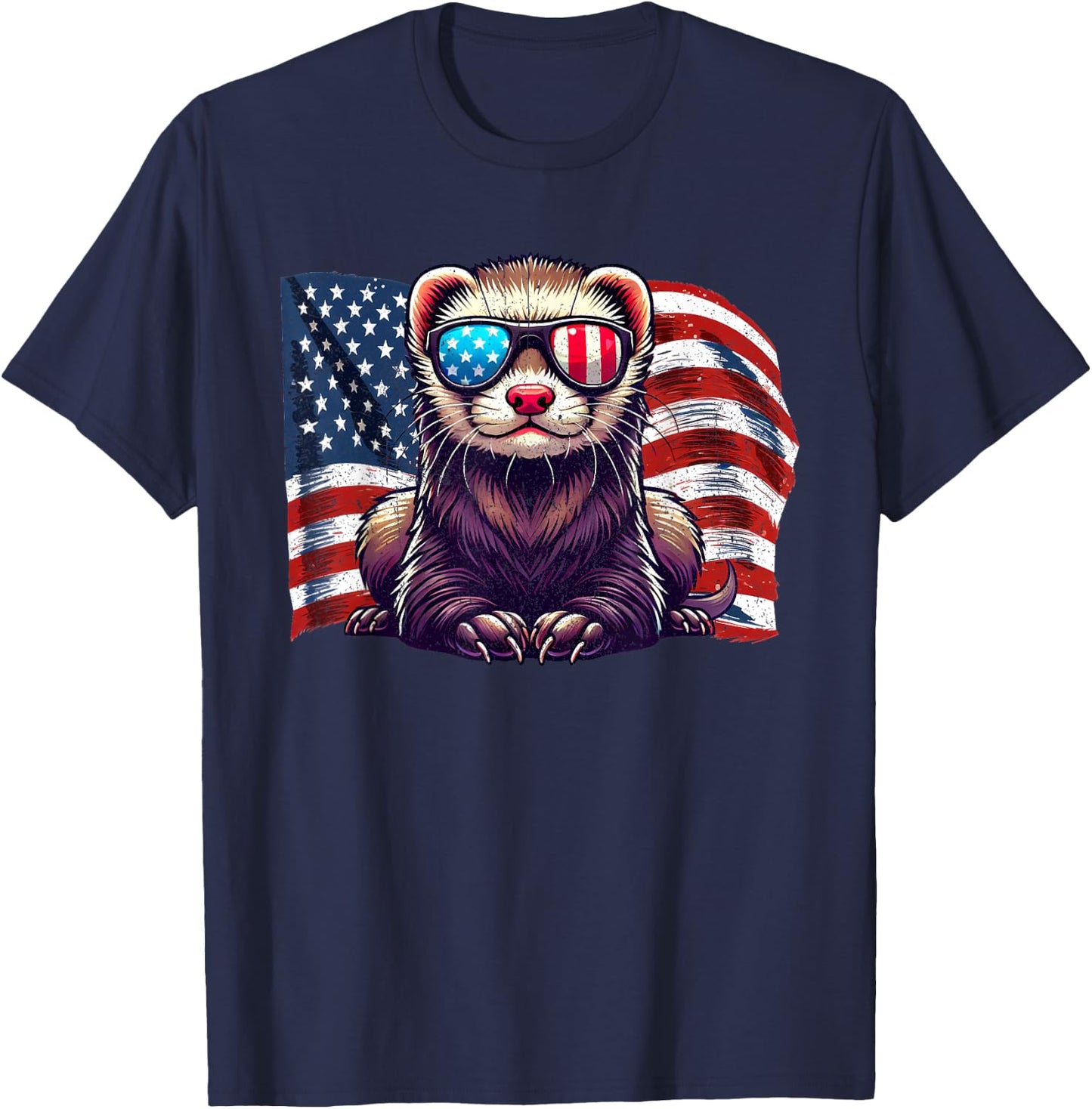 Ferret Pets Lovers Patriotic America Flag Sunglasses Vintage T-Shirt - T-Shirt | Navy
