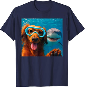 Funny Dachshund Doxie Dog Selfie with Shark Ocean Lovers T-Shirt - T-Shirt | Navy