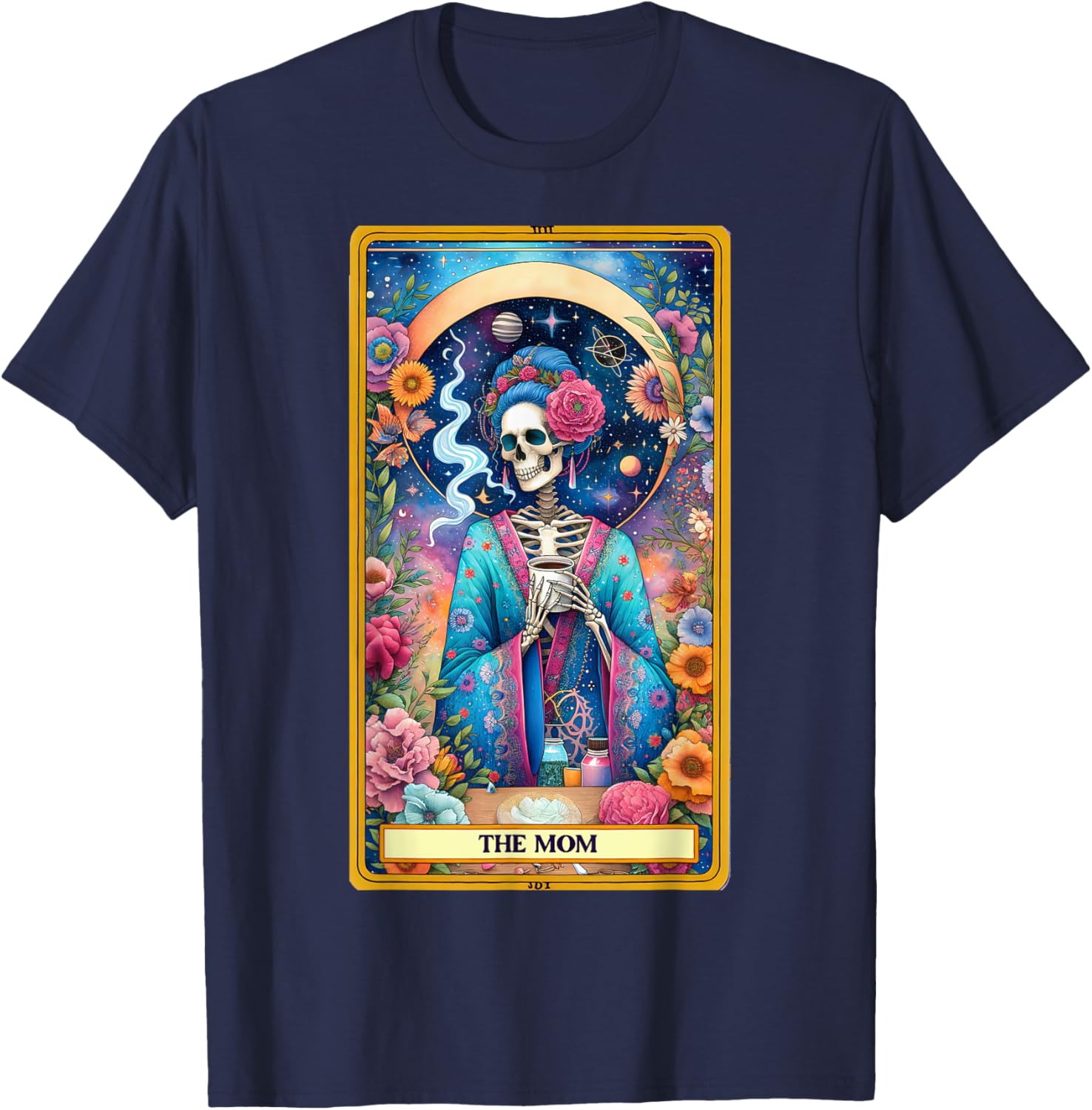 Mom Tarot Card Skeleton Skelly Messy Bun Robe Coffee Mama T-Shirt - T-Shirt | Navy