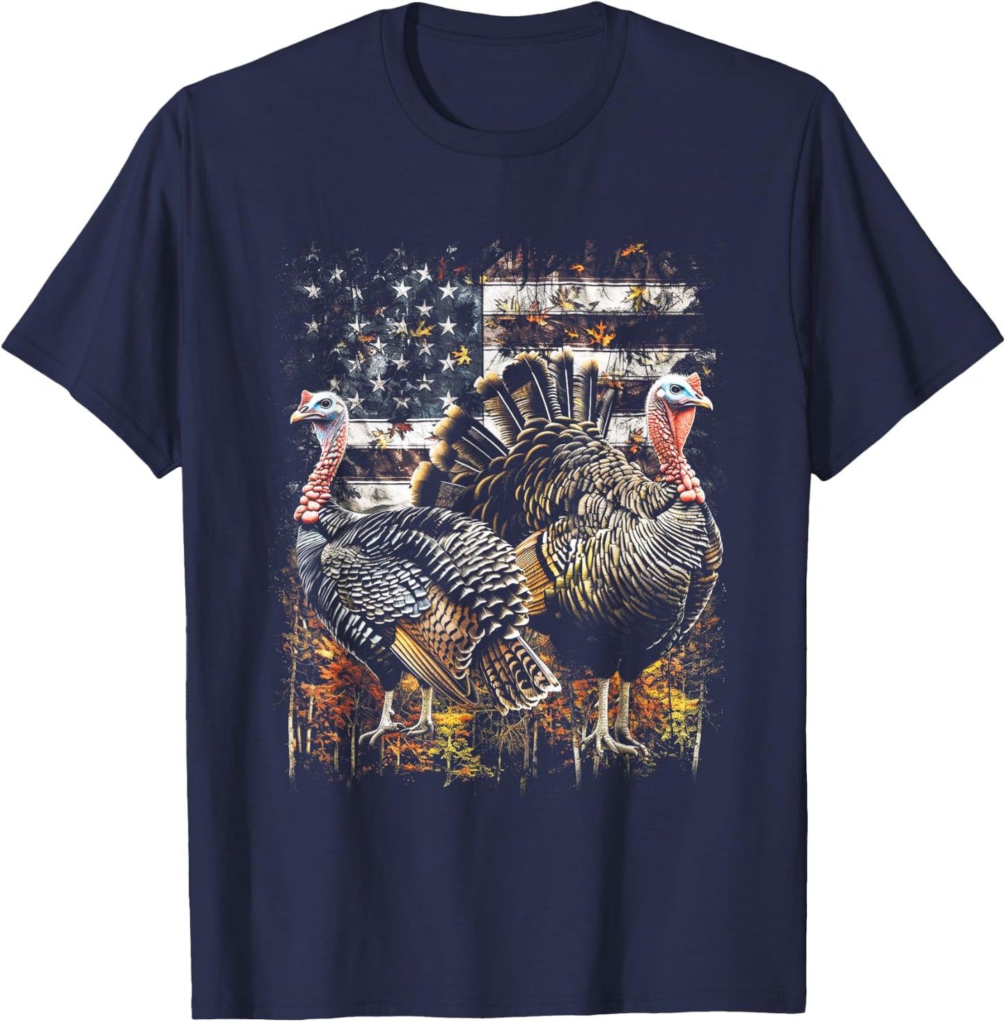 Beautiful Wild Turkey Hunting Camo American Flag T-Shirt - T-Shirt | Navy