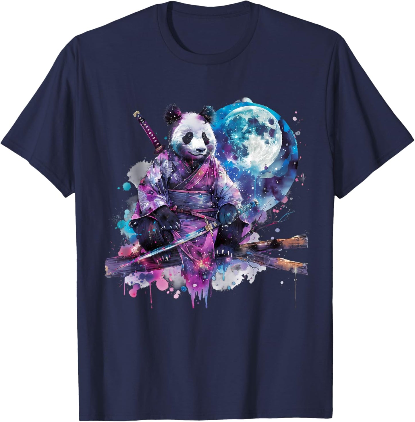Samurai Panda Bear Japanese Samurai Panda Watercolor Artwork T-Shirt - T-Shirt | Navy
