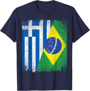 Half Greece Brazil Flag Greek Brazilian Pride Roots T-Shirt - T-Shirt | Navy
