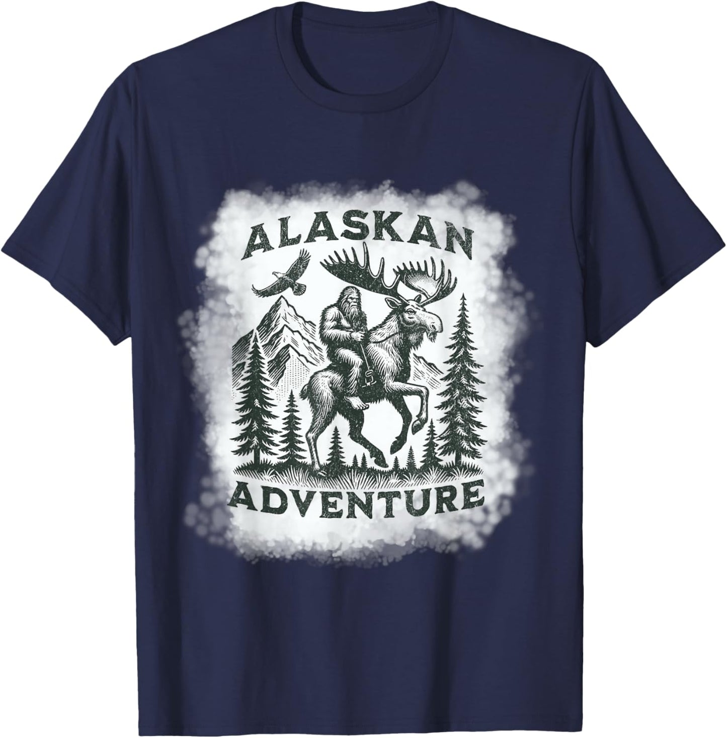 Alaskan Adventure Bigfoot Riding Moose Funny Outdoor Alaska T-Shirt - T-Shirt | Navy