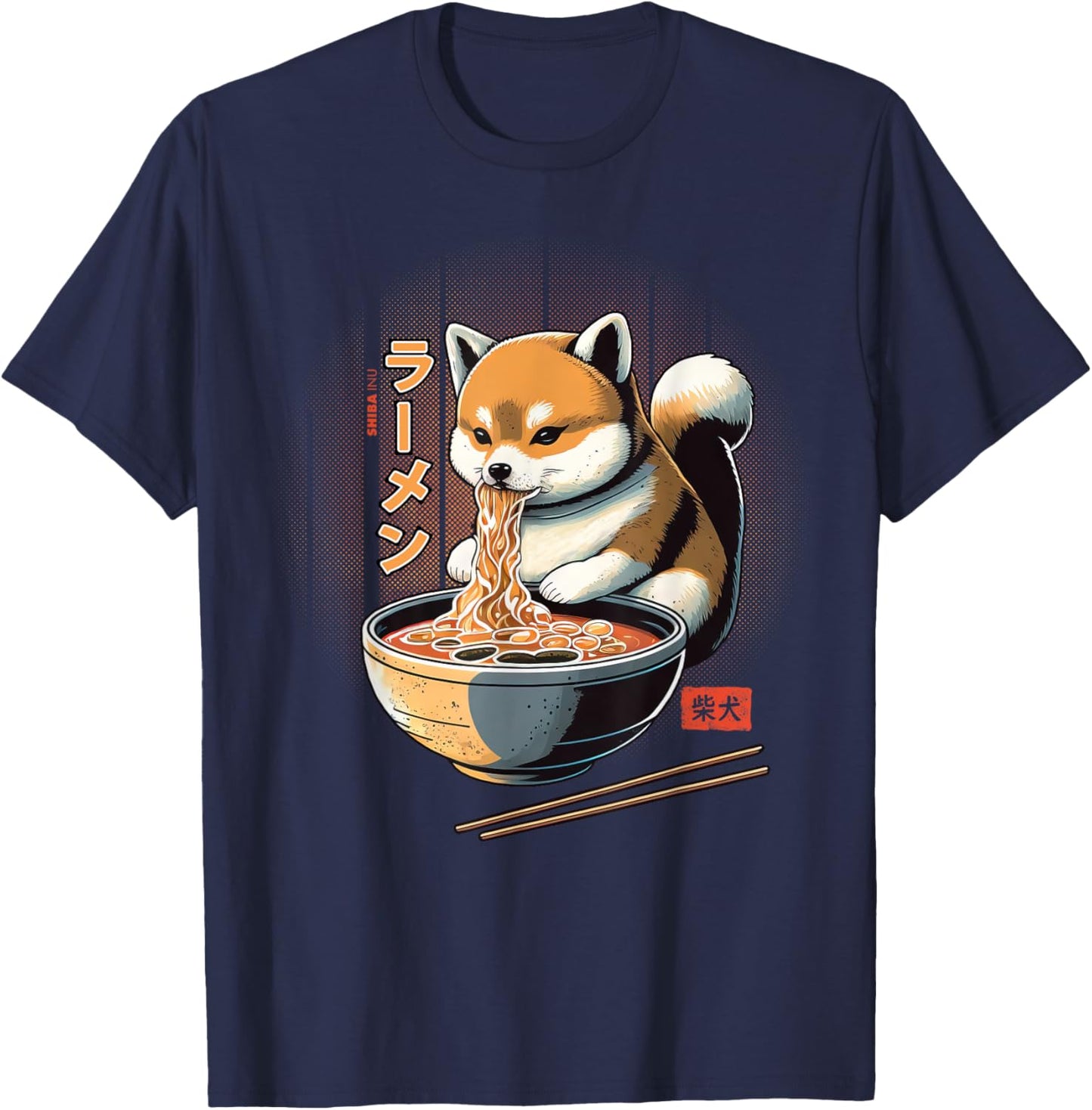 Kawaii Shiba Inu Eating Ramen - Dog Lover Gift T-Shirt - T-Shirt | Navy